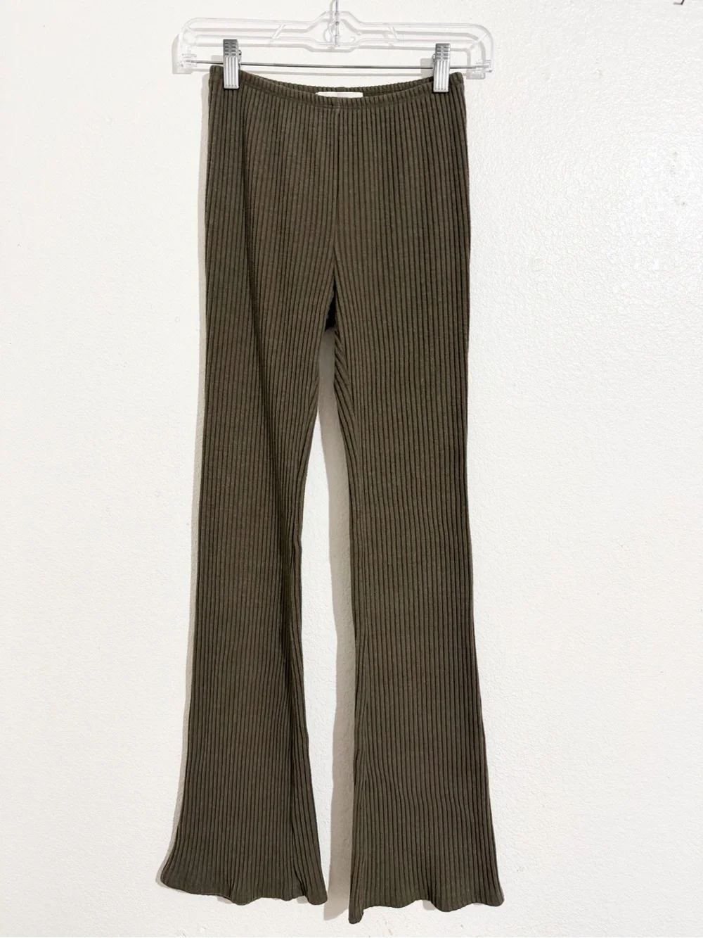 Joah Brown Fitted Mini Ribbed Mid-Rise Flare Pant in Army Luxe Knit